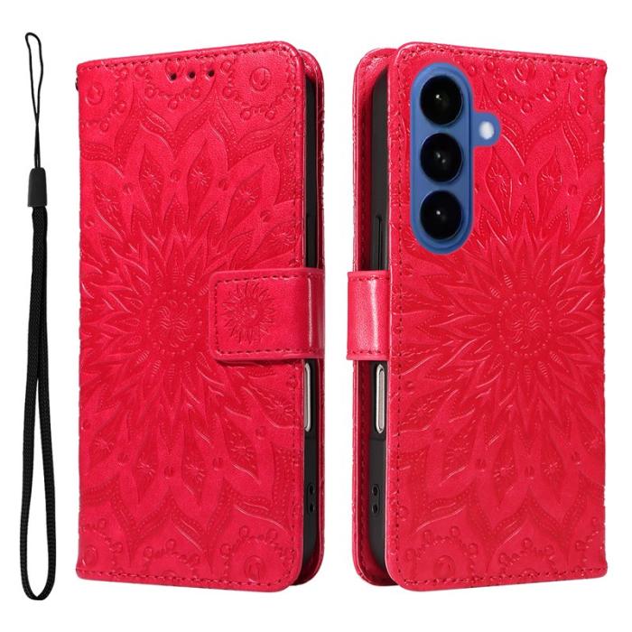 OEM - Samsung Galaxy S26 Plus Plånboksfodral Konstläder Solrosmönster - Röd
