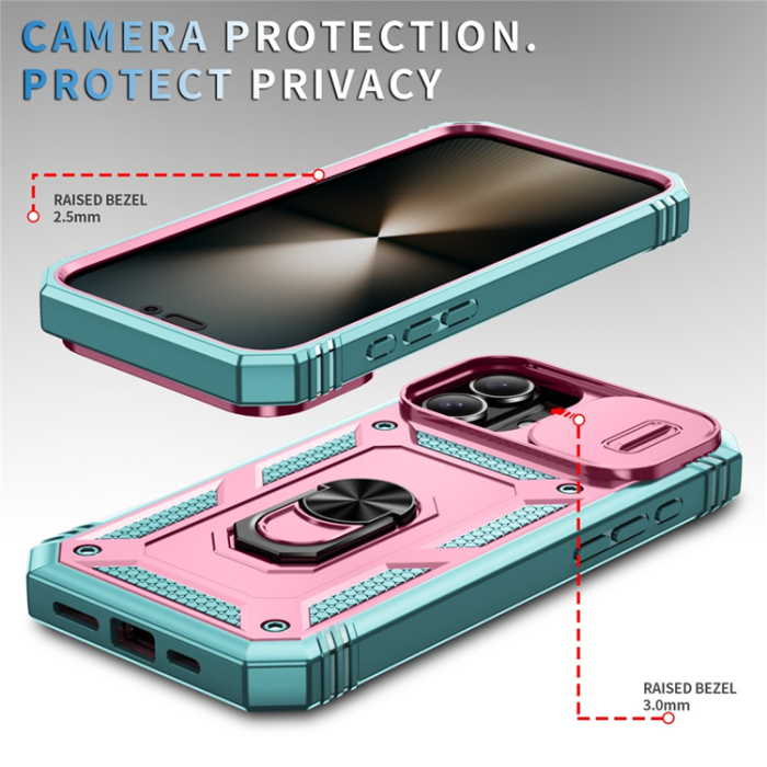 A-One Brand - iPhone 17 Mobilskal Slide Camshield Kickstand - Rosa/Grön