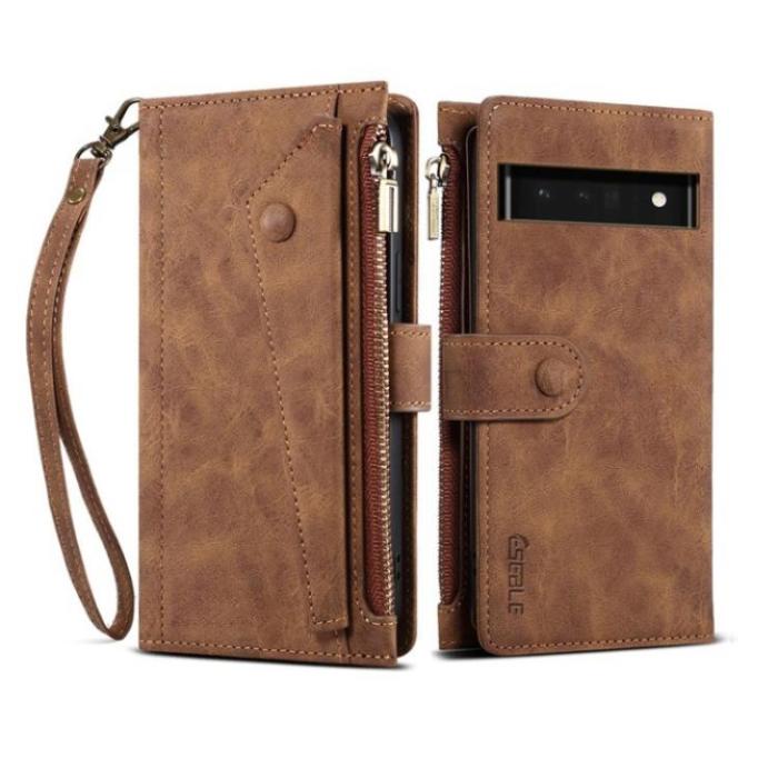 ESEBLE - ESEBLE Google Pixel 6a Plånboksfodral Zippered Kickstand - Brun