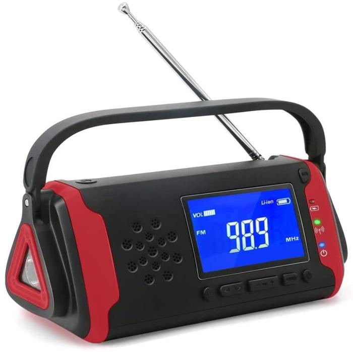 UTGATT5 - Vev-radio 4000mAh Powerbank med LCD Skärm, Solceller, och Ficklampa - Röd