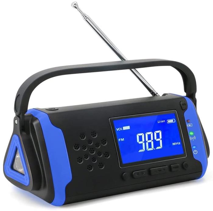 UTGATT5 - Vev-radio 4000mAh Powerbank med LCD Skärm, Solceller, och Ficklampa - Blå
