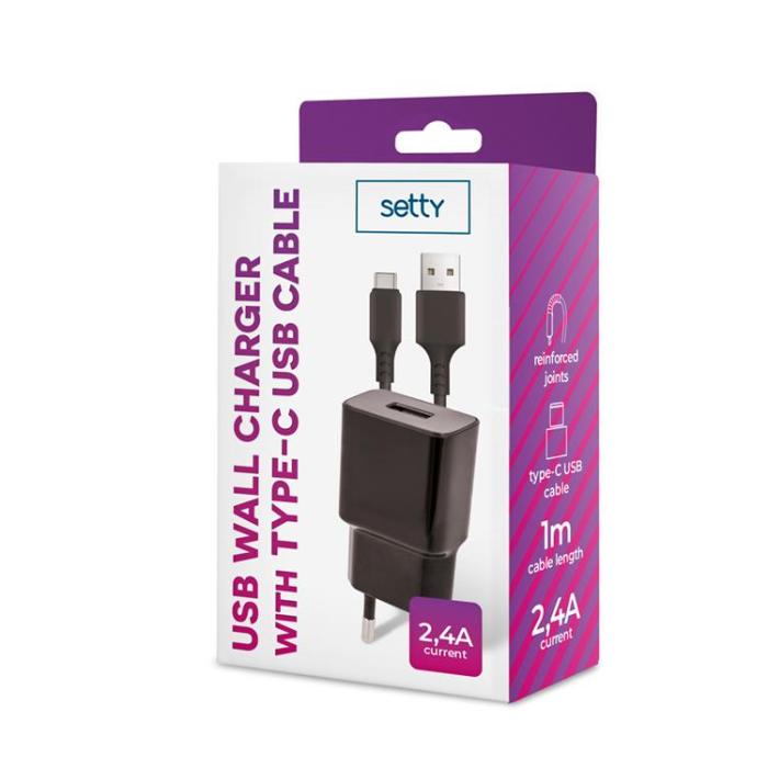 Setty - Setty Väggladdare USB 2.4A med USB-C 1m Kabel NEW - Svart