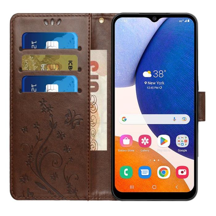 OEM - Samsung Galaxy S26+ Plånboksfodral Konstläder Fjäril Blomma - Brun