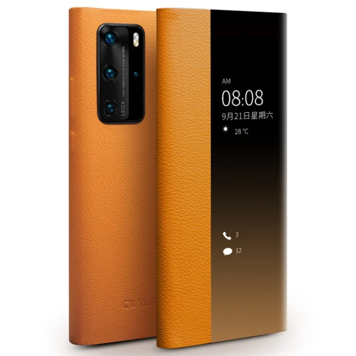 QIALINO - QIALINO Huawei P40 Fodral Äkta Läder med Fönster - Gul