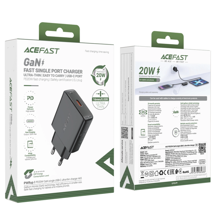 Acefast - Acefast Väggladdare USB-C 20W GaN - Svart