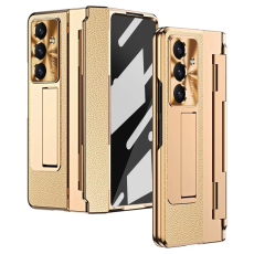 A-One Brand - Galaxy Z Fold7 5G Mobilskal l&auml;der + PC Kickstand - Guld+Guld