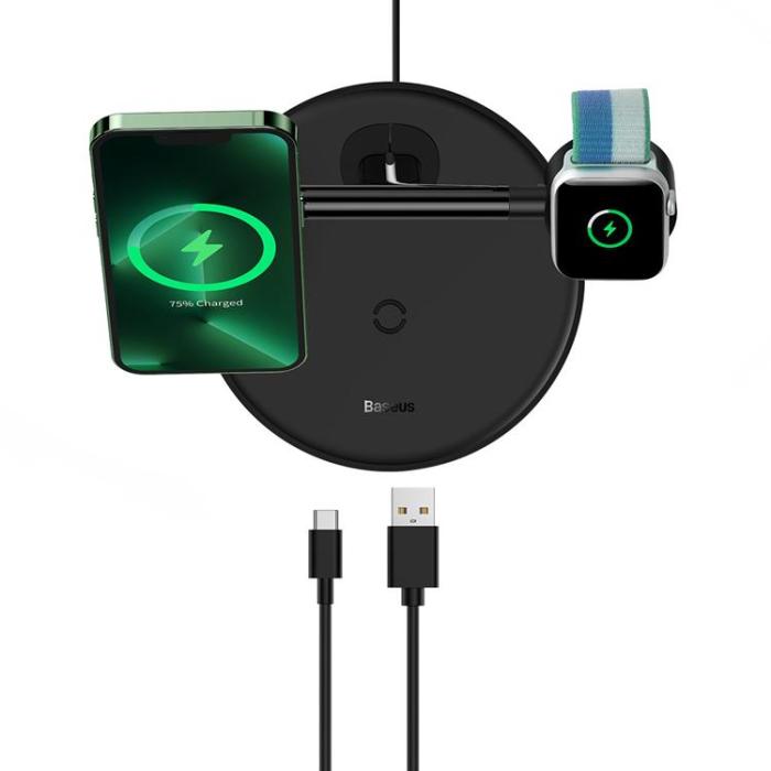 BASEUS - Baseus 3-in-1 Trådlös Laddare Magsafe Stativ med Kabel 1m