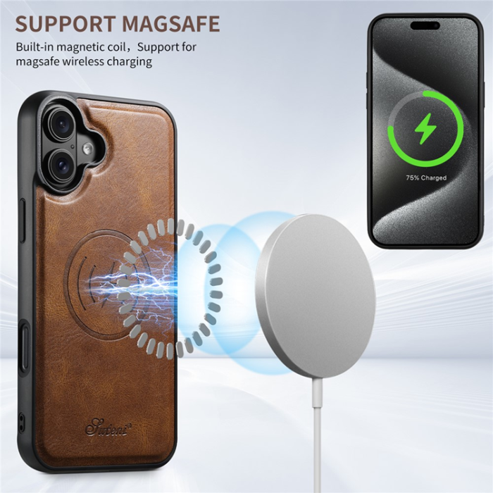SUTENI - SUTENI iPhone 16 Plus Mobilskal MagSafe Korthållare H17 - Brun