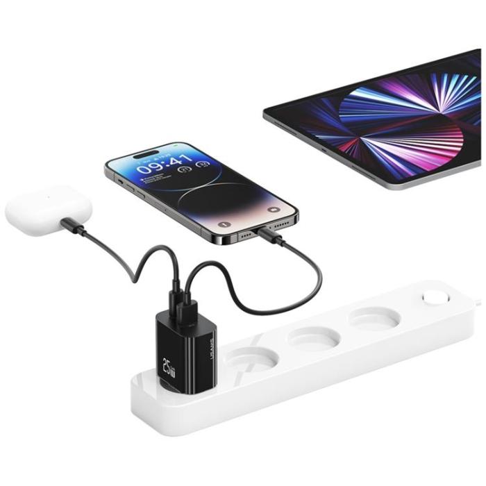 USAMS - USAMS Snabbladdare 25W 1xUSB-C 1xUSB-A CC315 - Svart