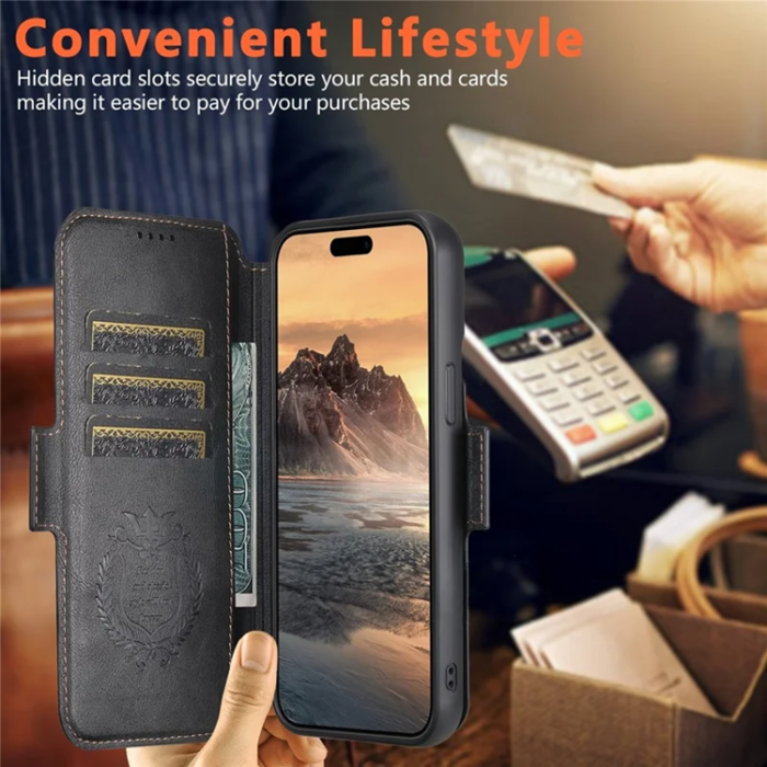SUTENI - SUTENI iPhone 16 Pro Max Plånboksfodral Magsafe Cowhide - Svart