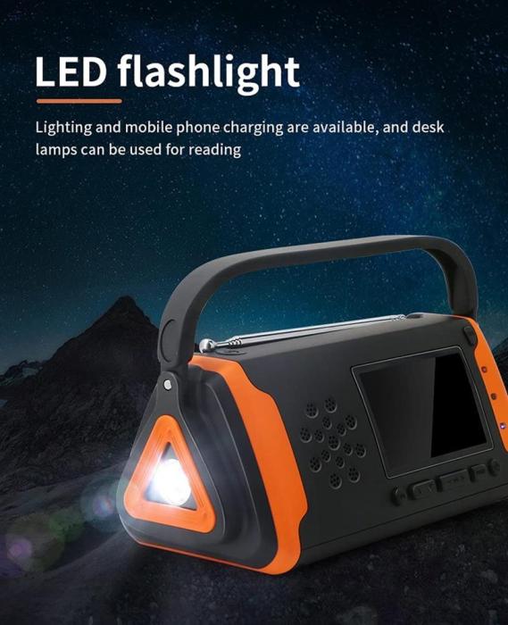 UTGATT5 - vev-radio 4000mAh Powerbank med LCD Skärm, Solceller, och Ficklampa - Orange