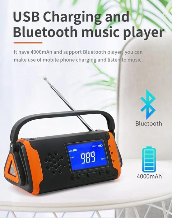UTGATT5 - vev-radio 4000mAh Powerbank med LCD Skärm, Solceller, och Ficklampa - Orange