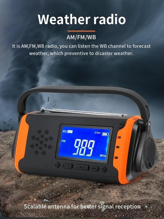 UTGATT5 - vev-radio 4000mAh Powerbank med LCD Skärm, Solceller, och Ficklampa - Orange