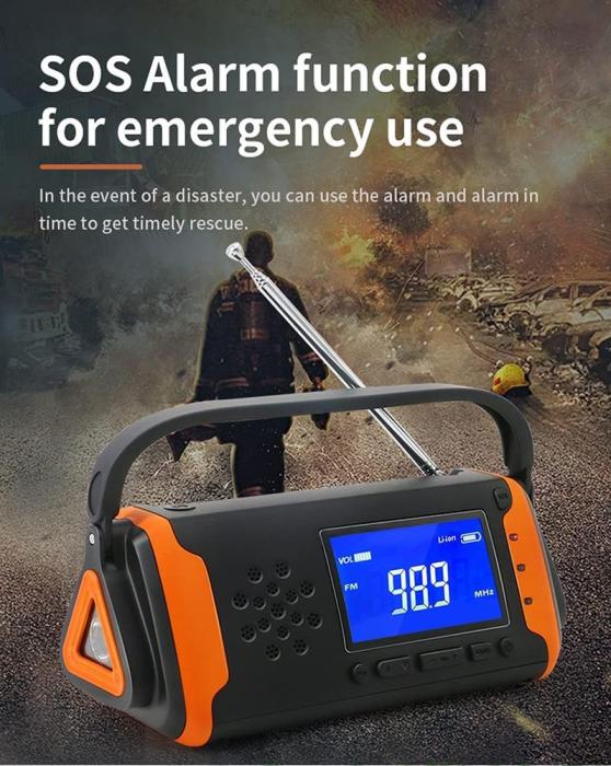 UTGATT5 - vev-radio 4000mAh Powerbank med LCD Skärm, Solceller, och Ficklampa - Orange