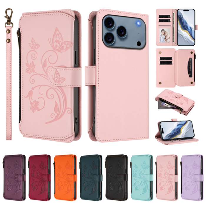 A-One Brand - iPhone 17 Pro Max Plånboksfodral Butterfly Floral Imprint - Rosa