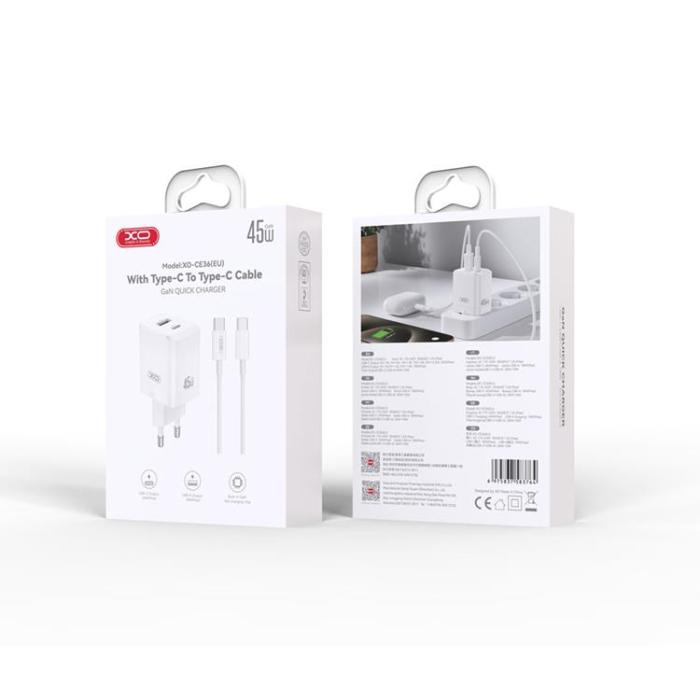 XO - XO Snabbladdare 45W USB-A - USB-C Med USB-C - USB-C Kabel Vit
