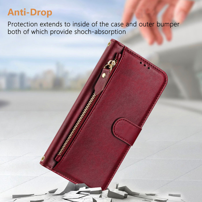 A-One Brand - iPhone 16 Pro Max Plånboksfodral Zipper Pocket Läder - Röd