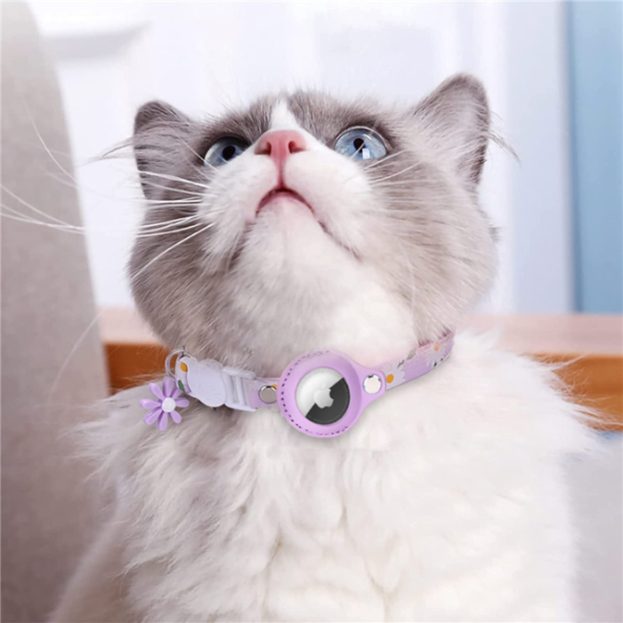 A-One Brand - Airtag Katt Halsband Blommönstrat PU-läder - Lila