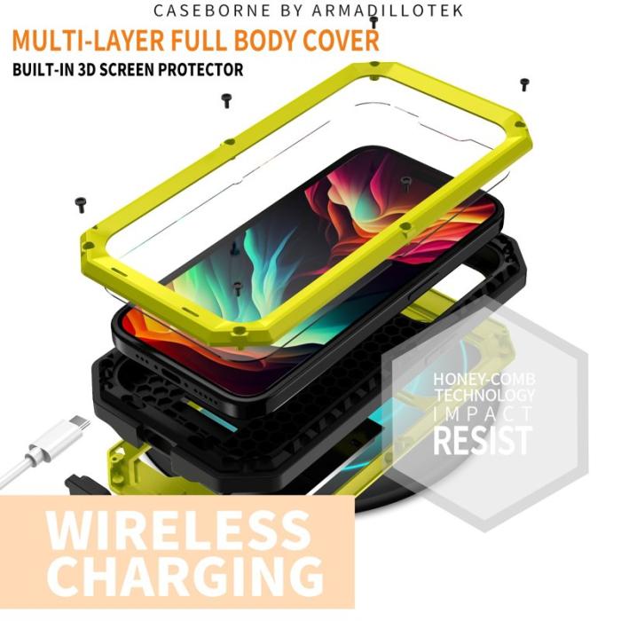 R-JUST - R-JUST Mobilskal till iPhone 15 Pro med Kickstand i Silikon och Metall - Gul