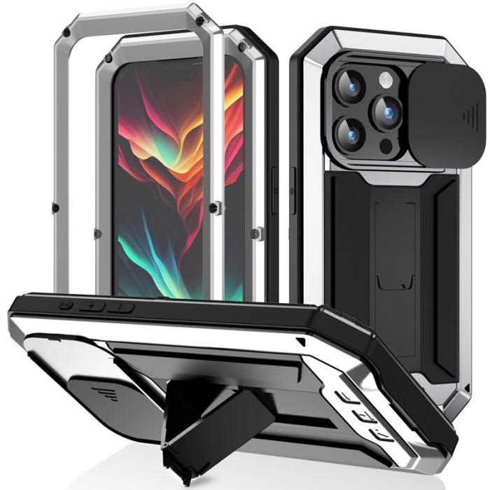 R-JUST - R-JUST Mobilskal till iPhone 15 Pro med Kickstand i Silver och Glasfilm