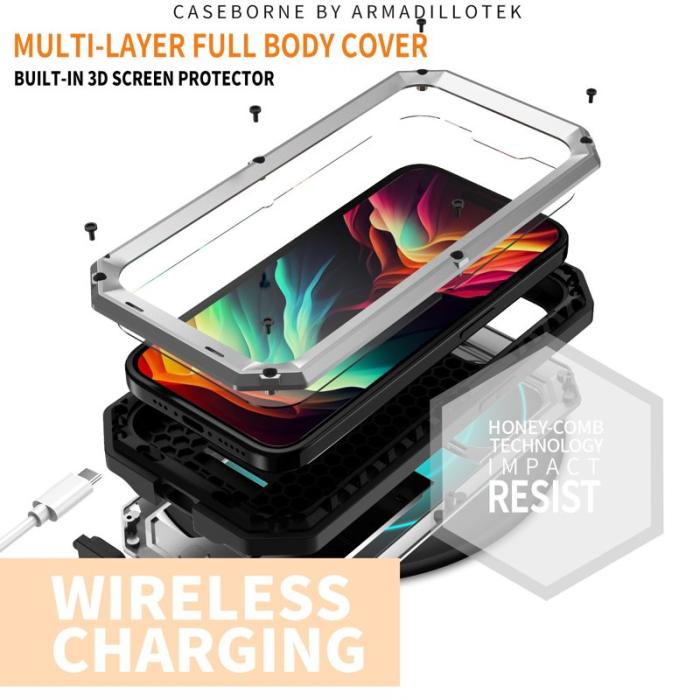 R-JUST - R-JUST Mobilskal till iPhone 15 Pro med Kickstand i Silver och Glasfilm