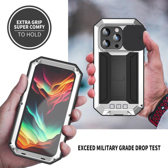 R-JUST - R-JUST Mobilskal till iPhone 15 Pro med Kickstand i Silver och Glasfilm