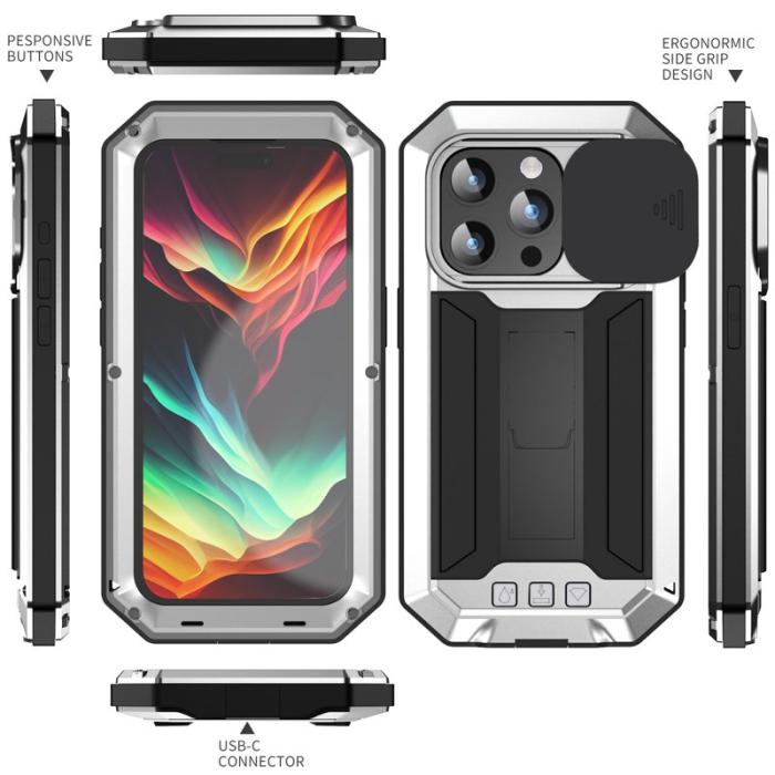 R-JUST - R-JUST Mobilskal till iPhone 15 Pro med Kickstand i Silver och Glasfilm