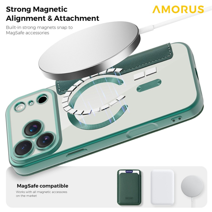 Amorus - AMORUS iPhone 17 Pro Max Plånboksfodral MagSafe RFID - Grön