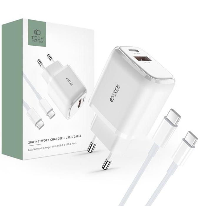 Tech-Protect - Tech-Protect Väggladdare 20W, Type-C Kabel - Vit