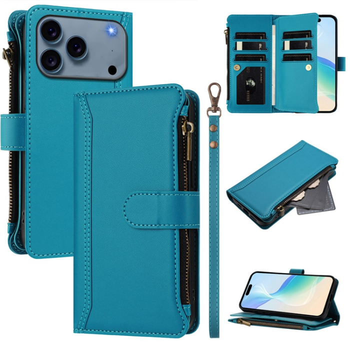 A-One Brand - iPhone 17 Pro Plånboksfodral Zipper Med Rem - Blå