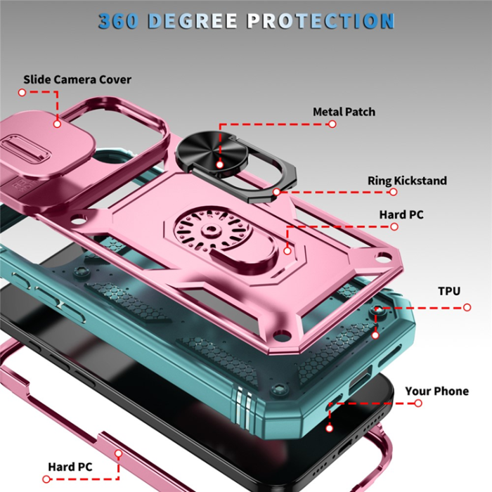 A-One Brand - iPhone 17 Mobilskal Slide Camshield Kickstand - Rosa/Grön