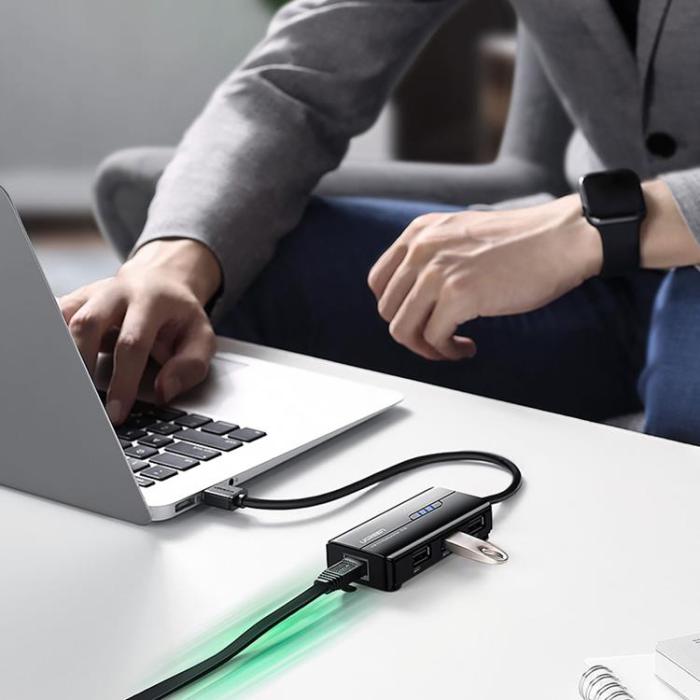 Ugreen - Ugreen Hub 3x USB-A Nätverksadapter RJ45/USB-A 10/100Mbps - Svart