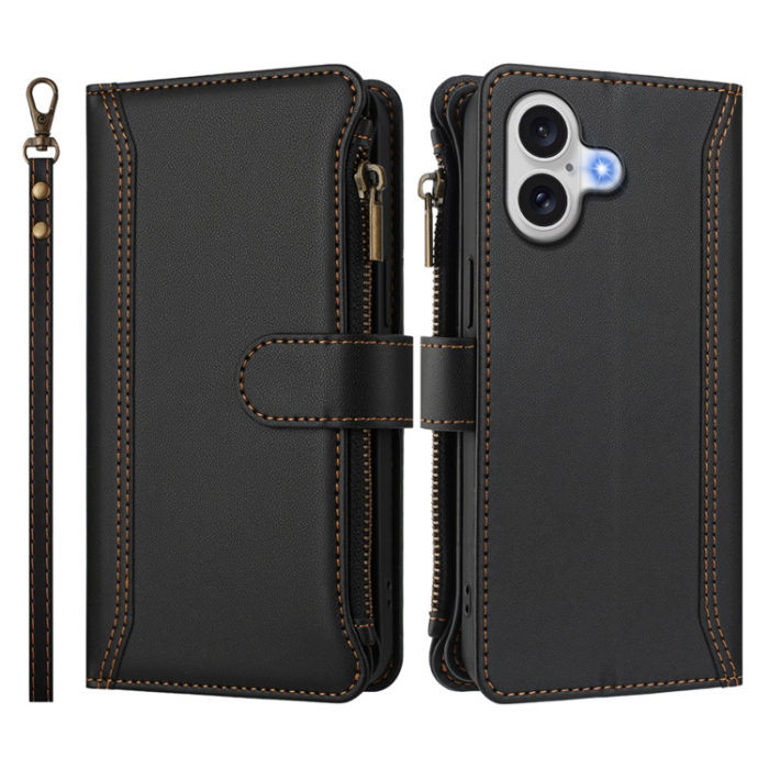 A-One Brand - iPhone 17 Plånboksfodral Zipper Med Rem - Svart