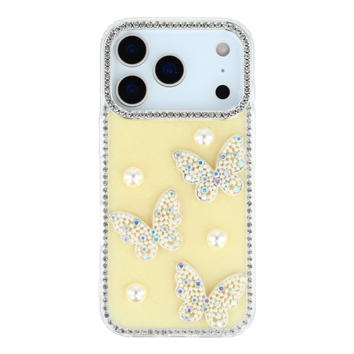 A-One Brand - iPhone 17 Pro Max Mobilskal Rhinestone Edge Pearl Butterfly