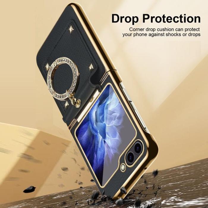 A-One Brand - Galaxy Z Flip 5 Mobilskal Ringhållare Läder - Svart