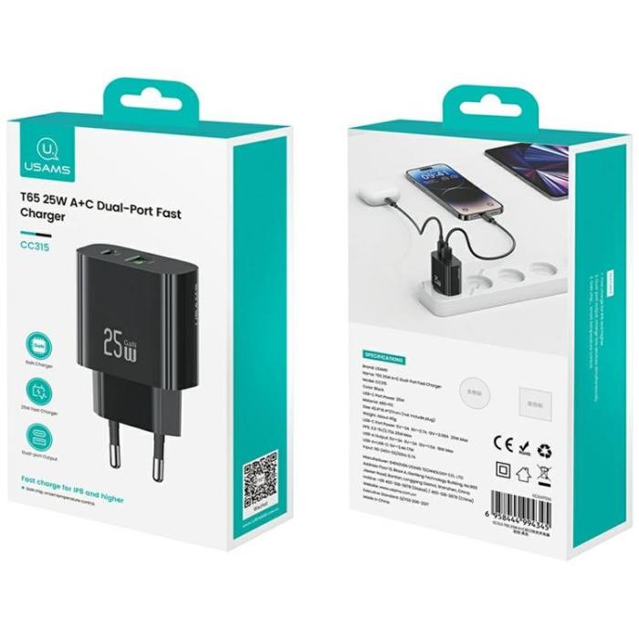 USAMS - USAMS Snabbladdare 25W 1xUSB-C 1xUSB-A CC315 - Svart
