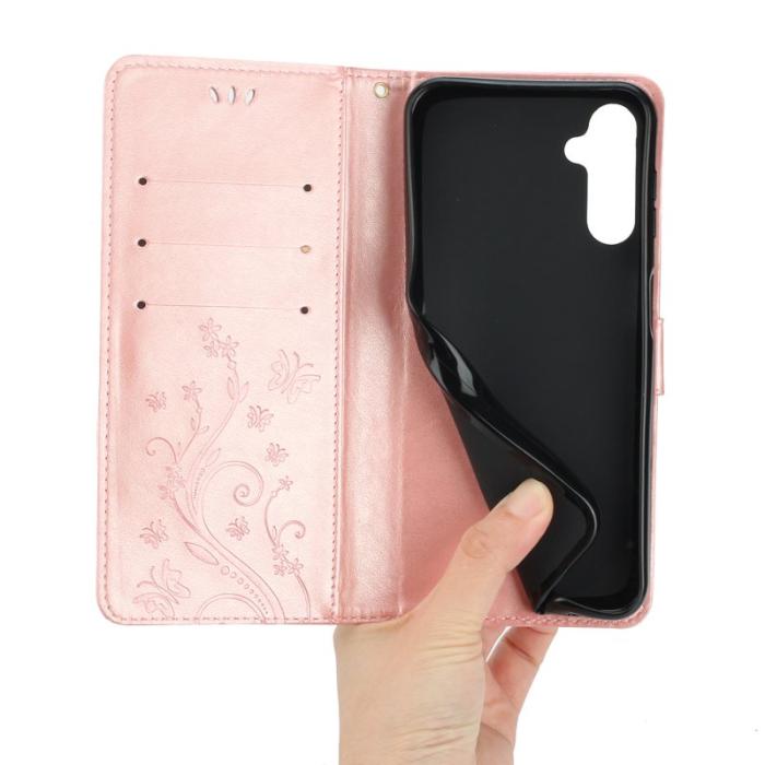 OEM - Samsung Galaxy S26 Plus Plånboksfodral Konstläder Blomma Prägling - Roséguld