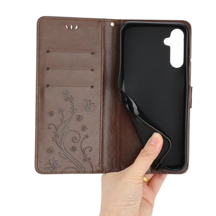 OEM - Samsung Galaxy S26+ Plånboksfodral Konstläder Fjäril Blomma - Brun