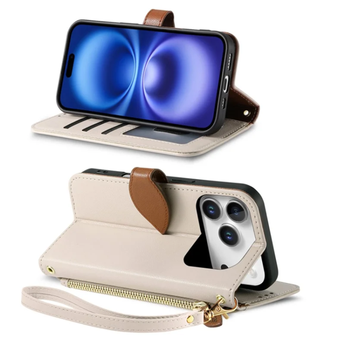 A-One Brand - iPhone 17 Pro Plånboksfodral Leaf Magnetiskt Spänne Konstläder - Beige