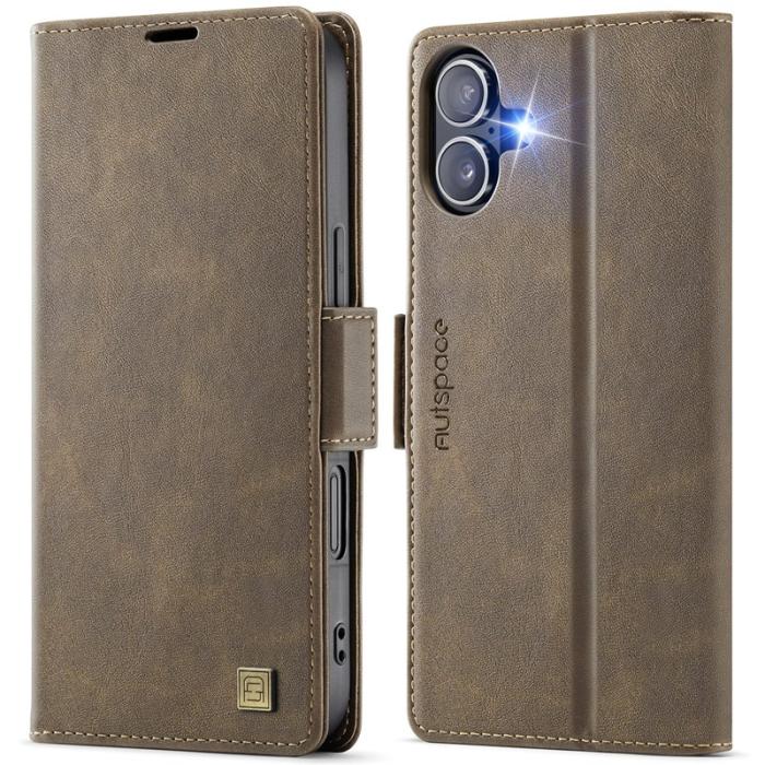 AUTSPACE - AUTSPACE iPhone 16 Plus Fodral Retro Konstläder - Brun - RFID-Skydd