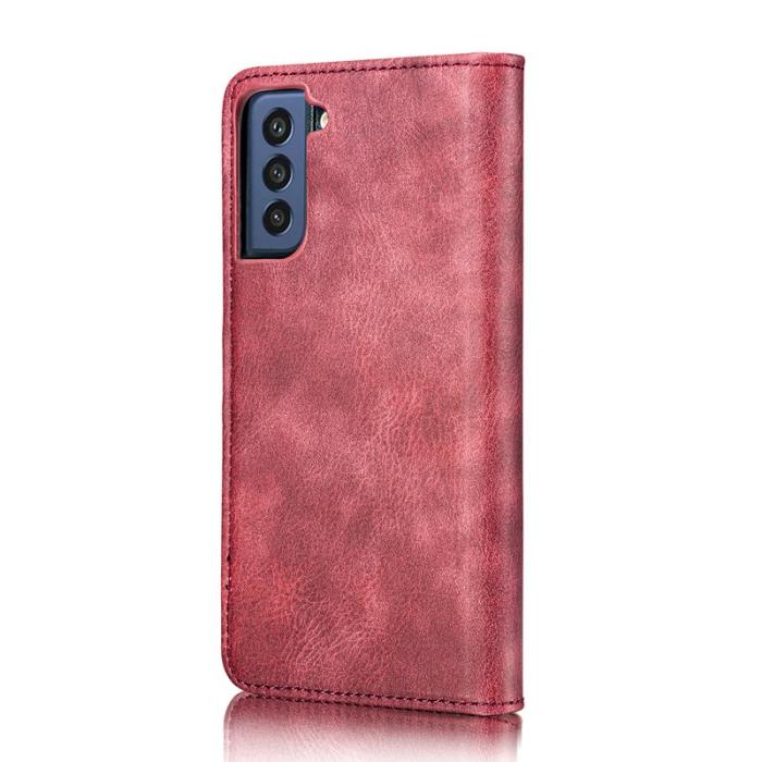 DG.MING - DG.MING Galaxy S21 FE 2-i-1 LäderÄkta Läder Plånboksfodral Röd
