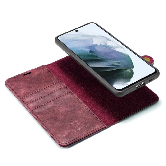 DG.MING - DG.MING Galaxy S21 FE 2-i-1 LäderÄkta Läder Plånboksfodral Röd