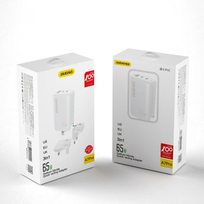 UTGATT1 - Dudao GaN 3in1 Väggladdare USB-C 65W US UK - Vit