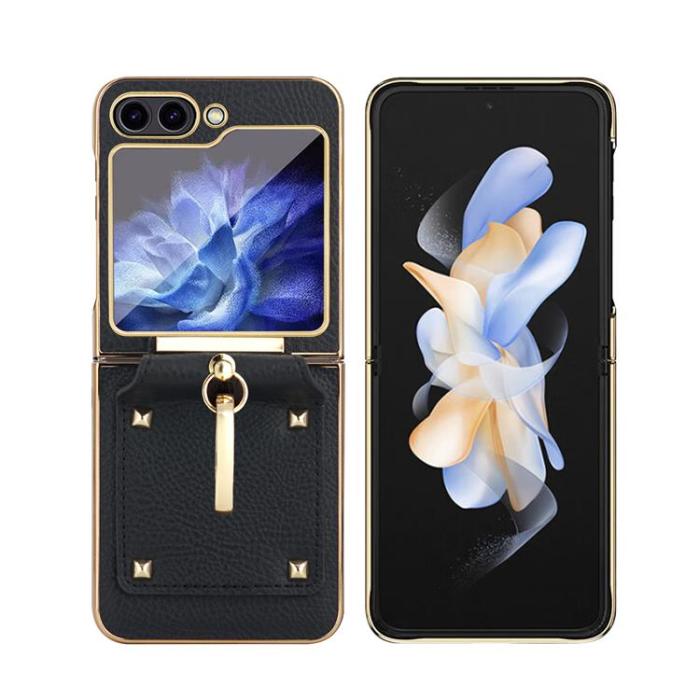 A-One Brand - Galaxy Z Flip 5 Mobilskal Ringhållare Läder - Svart