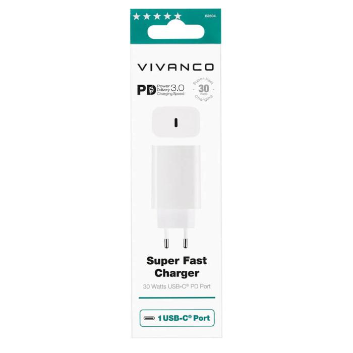 UTGATT1 - Vivanco Snabb 1xUSB-C PD 3.0 30W Hemladdare - Vit