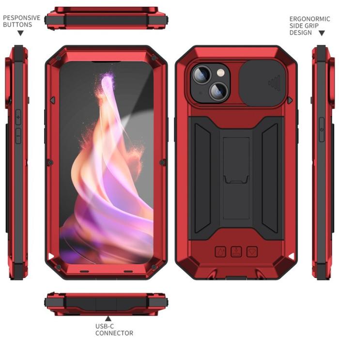 R-JUST - R-JUST Mobilskal till iPhone 15 med Kickstand Röd i Silikon och Metall