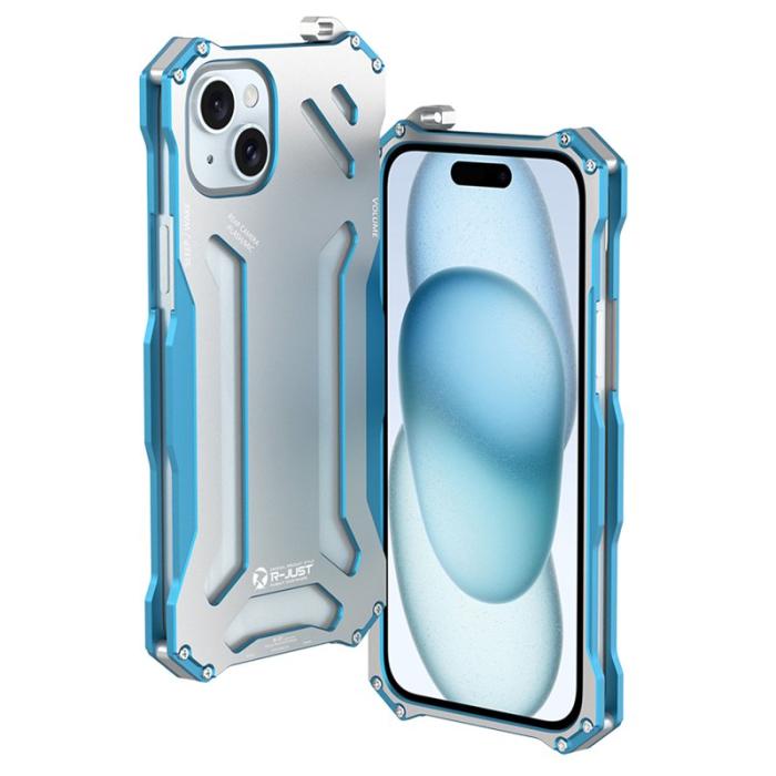 R-JUST - R-JUST Mobilskal till iPhone 15 Metall Hål Design Stötsäker Silver+Blå