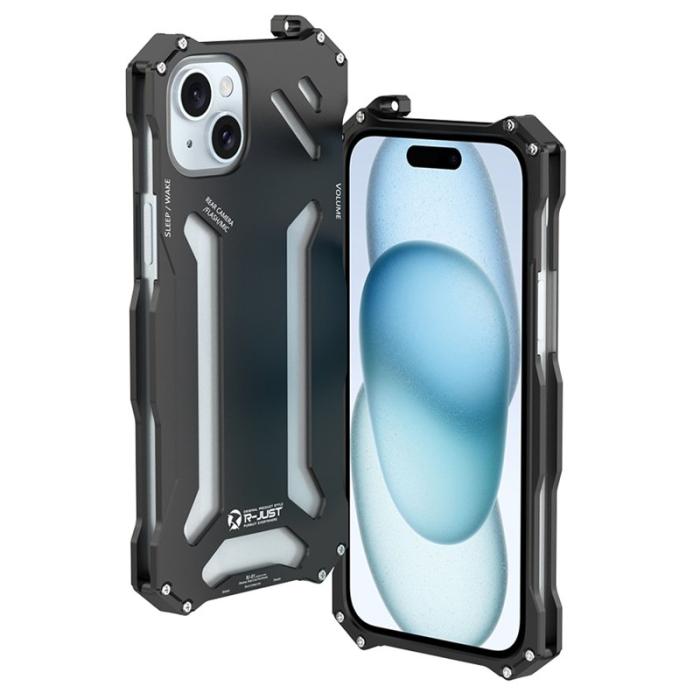 R-JUST - R-JUST Mobilskal till iPhone 15 Metall Hål Design Stötsäker Silver+Blå