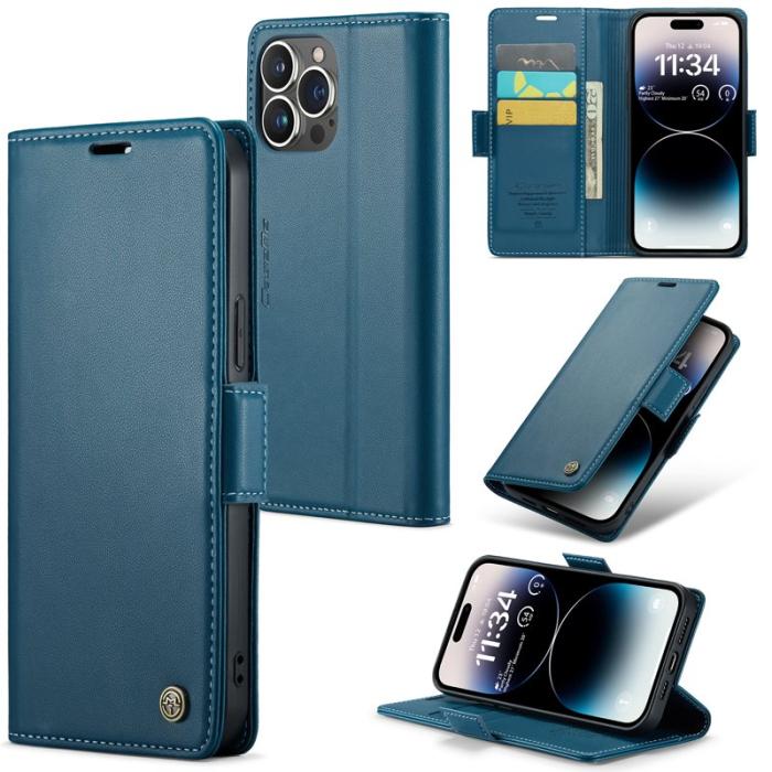 Caseme - CASEME iPhone 14 Pro Max Plånboksfodral Konstläder RFID-Skydd Blokering Blå