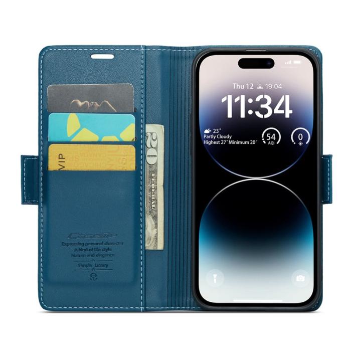 Caseme - CASEME iPhone 14 Pro Max Plånboksfodral Konstläder RFID-Skydd Blokering Blå